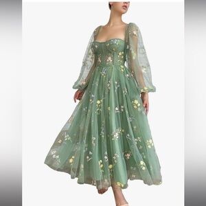 Puffy Sleeve Tulle Backless A-line Lace Formal Evening Party Gown for Women